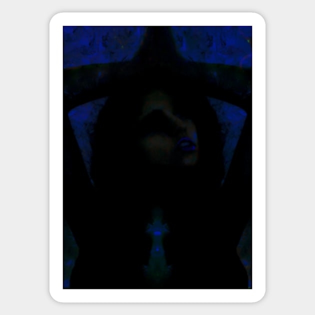 Portrait, digital collage, special processing. Beautiful but dark, like witch, woman. Tale. Dark and blue. Sticker by 234TeeUser234